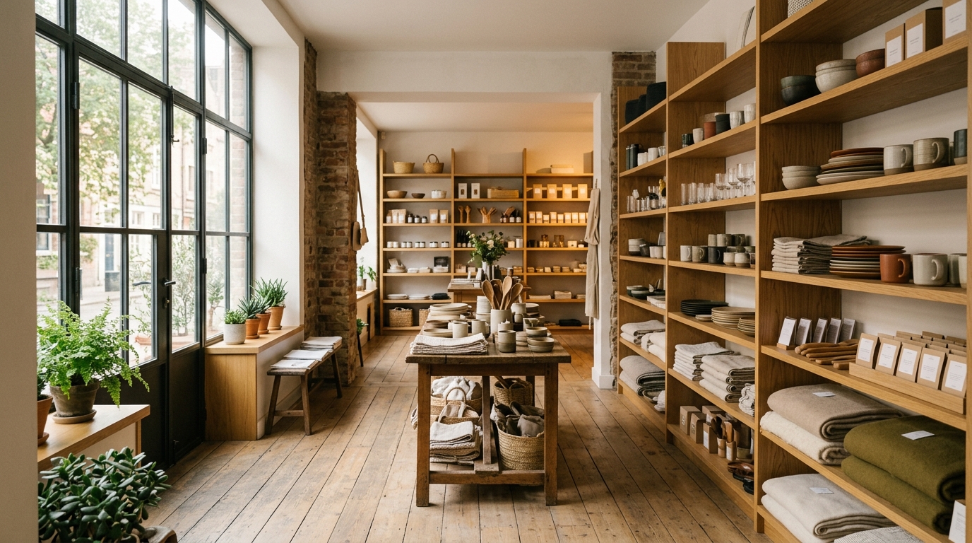 Winkelinterieur met productplanken en warm daglicht, geen mensen