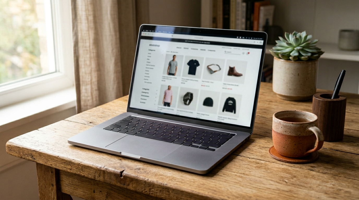 Webshop-interface op laptop op houten bureau, scherm niet leesbaar
