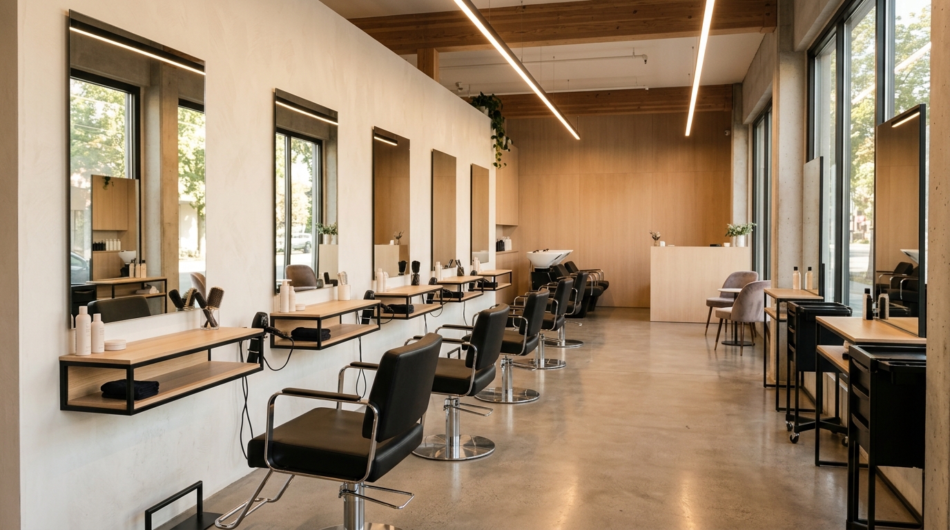 Leeg interieur van een moderne kapperssalon met spiegels en warme verlichting