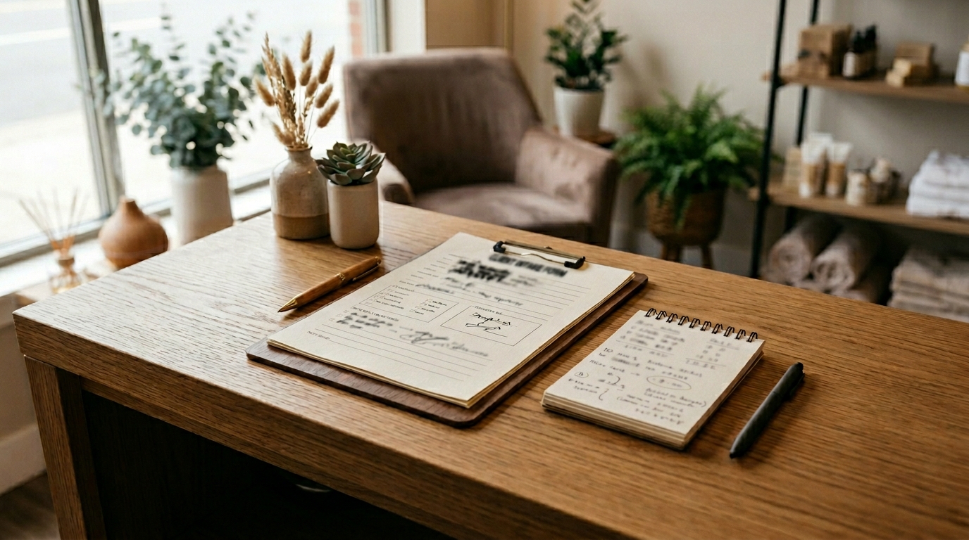 Behandelformulieren en notitieblok op houten salonbalie, geen tekst leesbaar