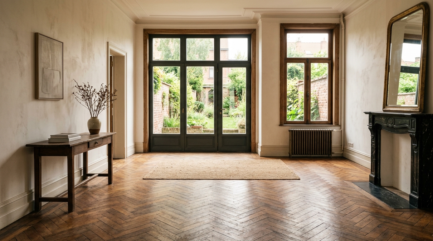 Leeg woonkamer-interieur in een Belgische rijwoning met visgraatparket en warm daglicht