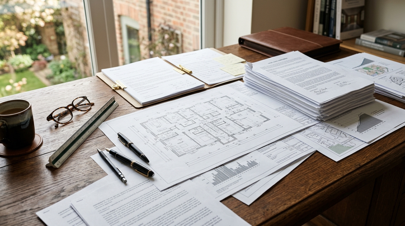 Vastgoeddocumenten en plattegrond uitgespreid op houten bureau, geen tekst leesbaar