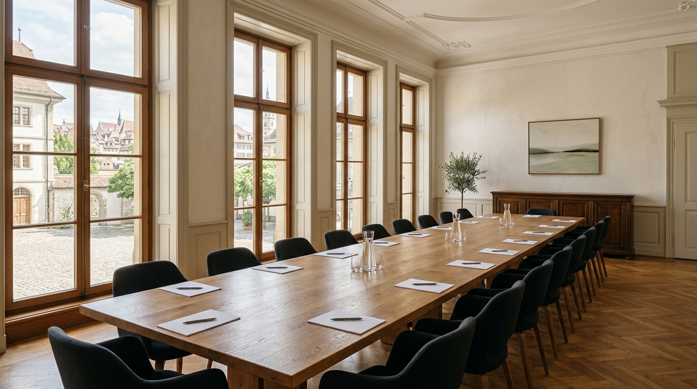 Lege vergaderzaal in een Europees gebouw met lange houten tafel en warm daglicht