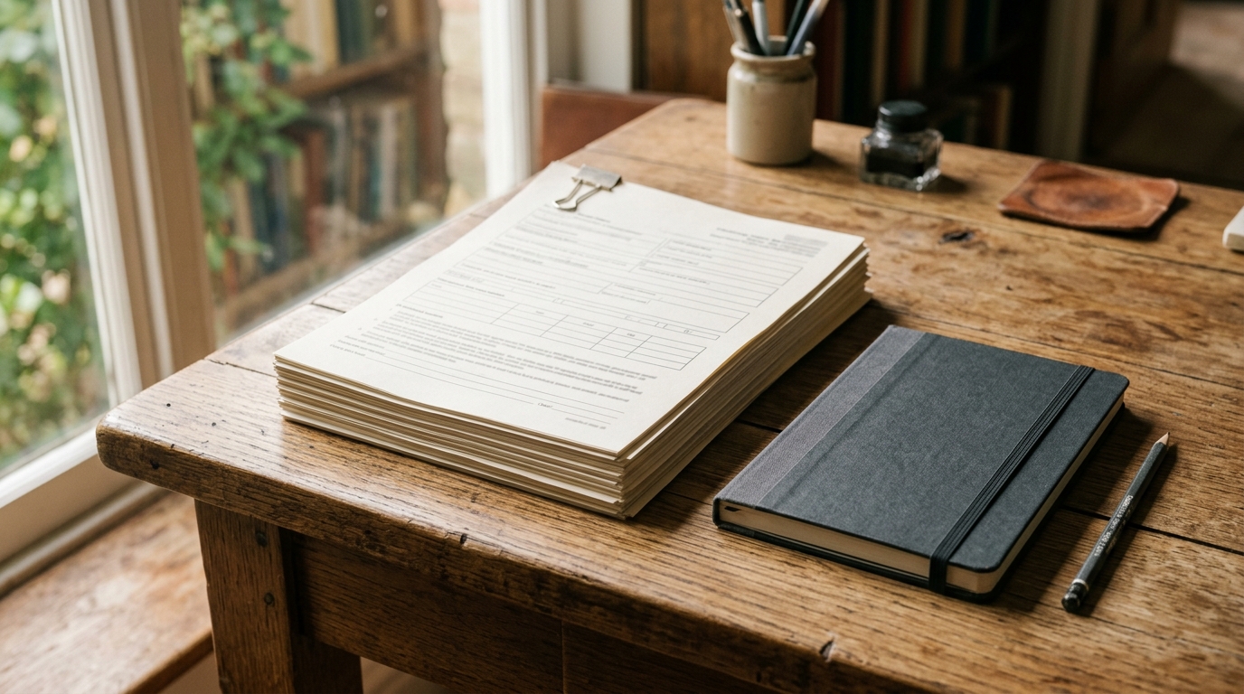 Houten bureau met stapel formulieren en gesloten notitieboek, geen tekst leesbaar