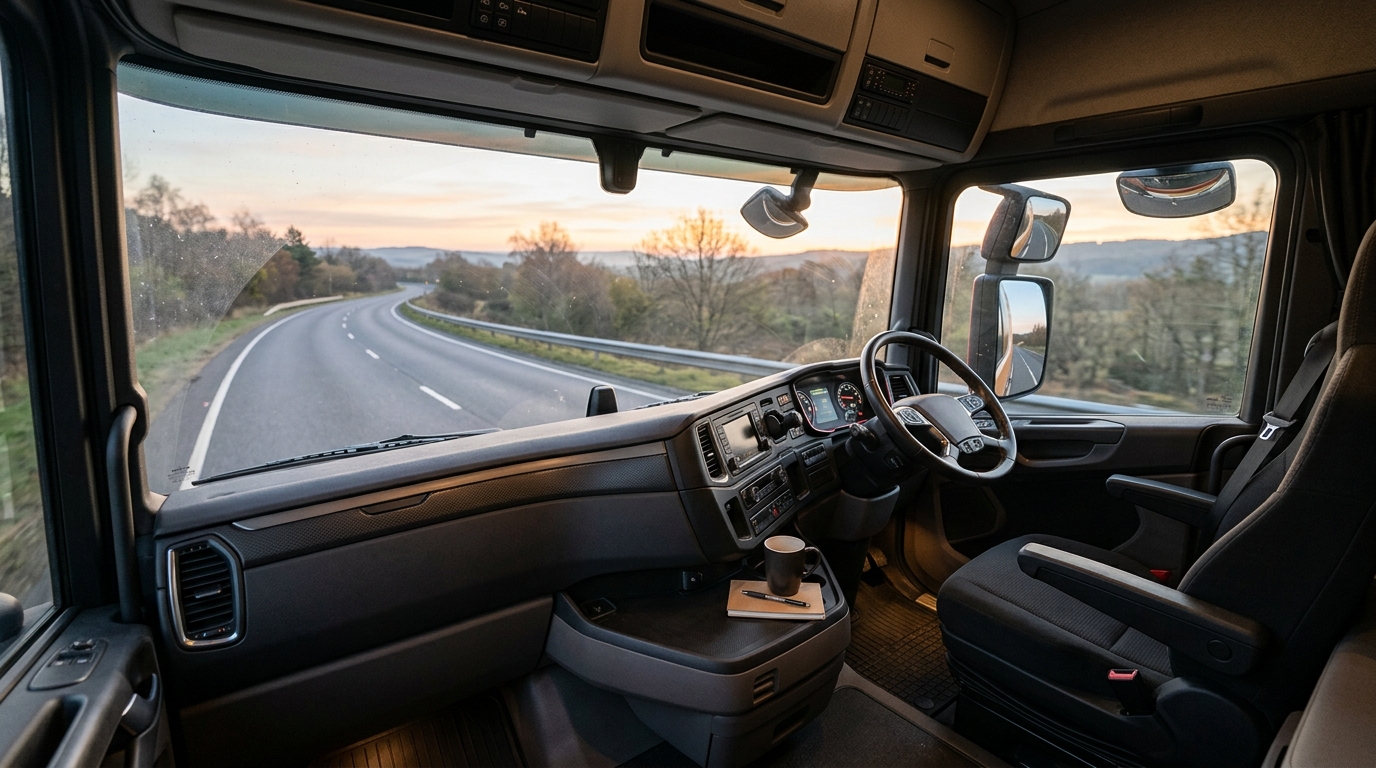 Interieur van een vrachtwagencabine met ochtendlicht door de voorruit en zichtbaar dashboard