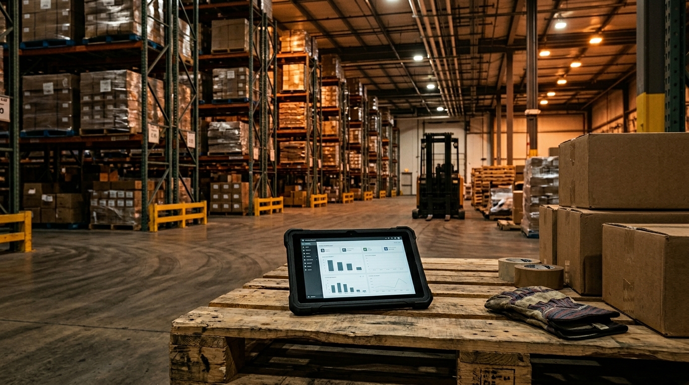 Magazijnmedewerker controleert een tablet in een logistiek magazijn met pallets en warme industrieel licht