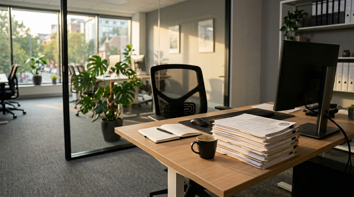 Leeg rekruteringsbureau met gestapelde cv&rsquo;s op een bureau in middaglicht