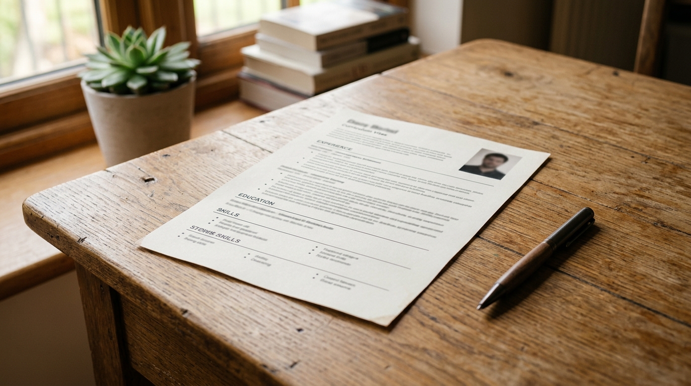 Uitgeprinte cv op een houten bureau met een pen ernaast in natuurlijk licht