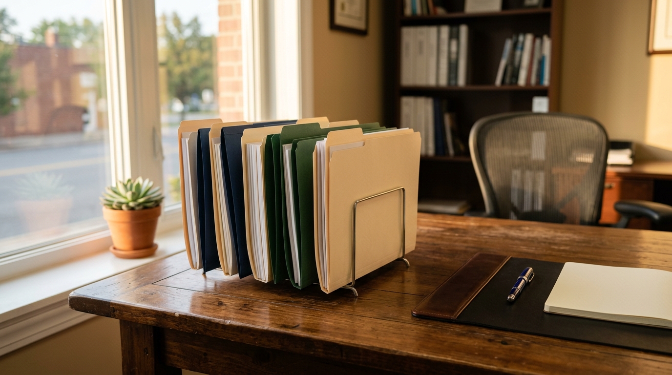 Bureau van een onafhankelijk verzekeringskantoor met polismappen en een pen in warm middagslicht