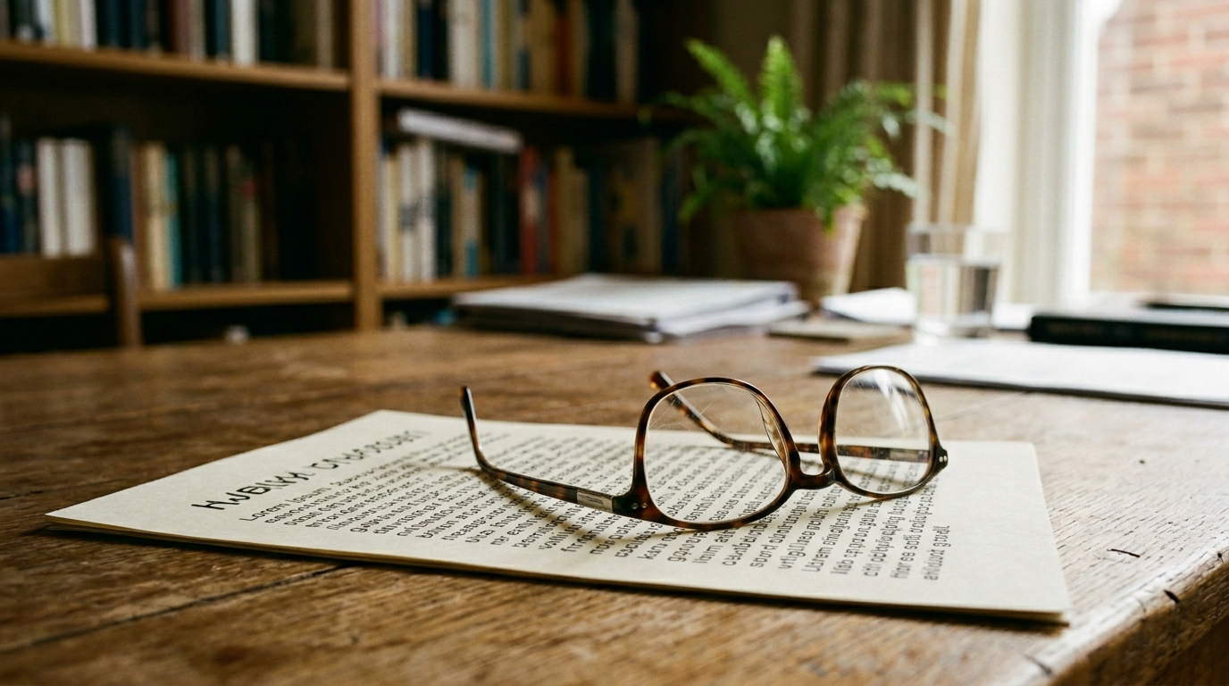 Verzekeringspolisdocument met leesbril erop, onscherpe achtergrond, natuurlijk licht