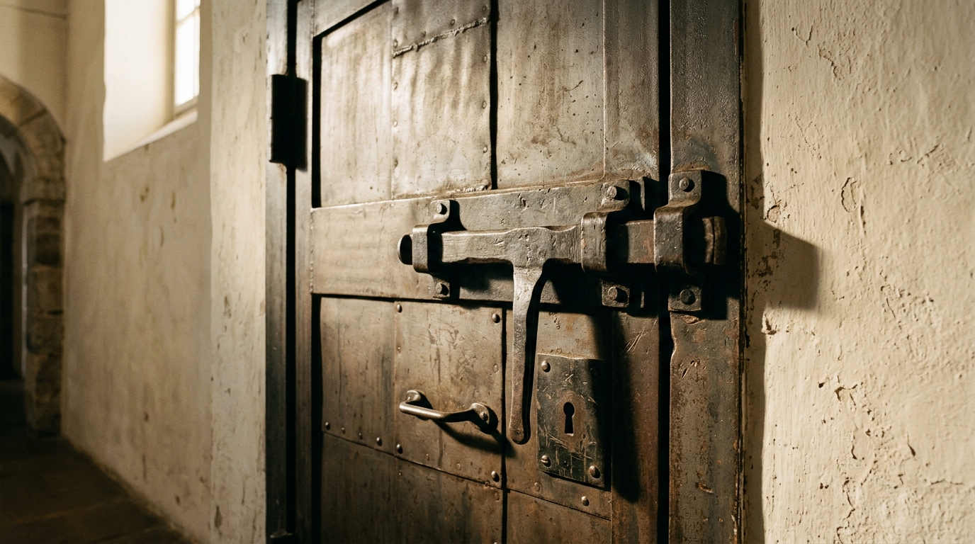 NIS2 toeleveringsketen — zware stalen deur met grendel