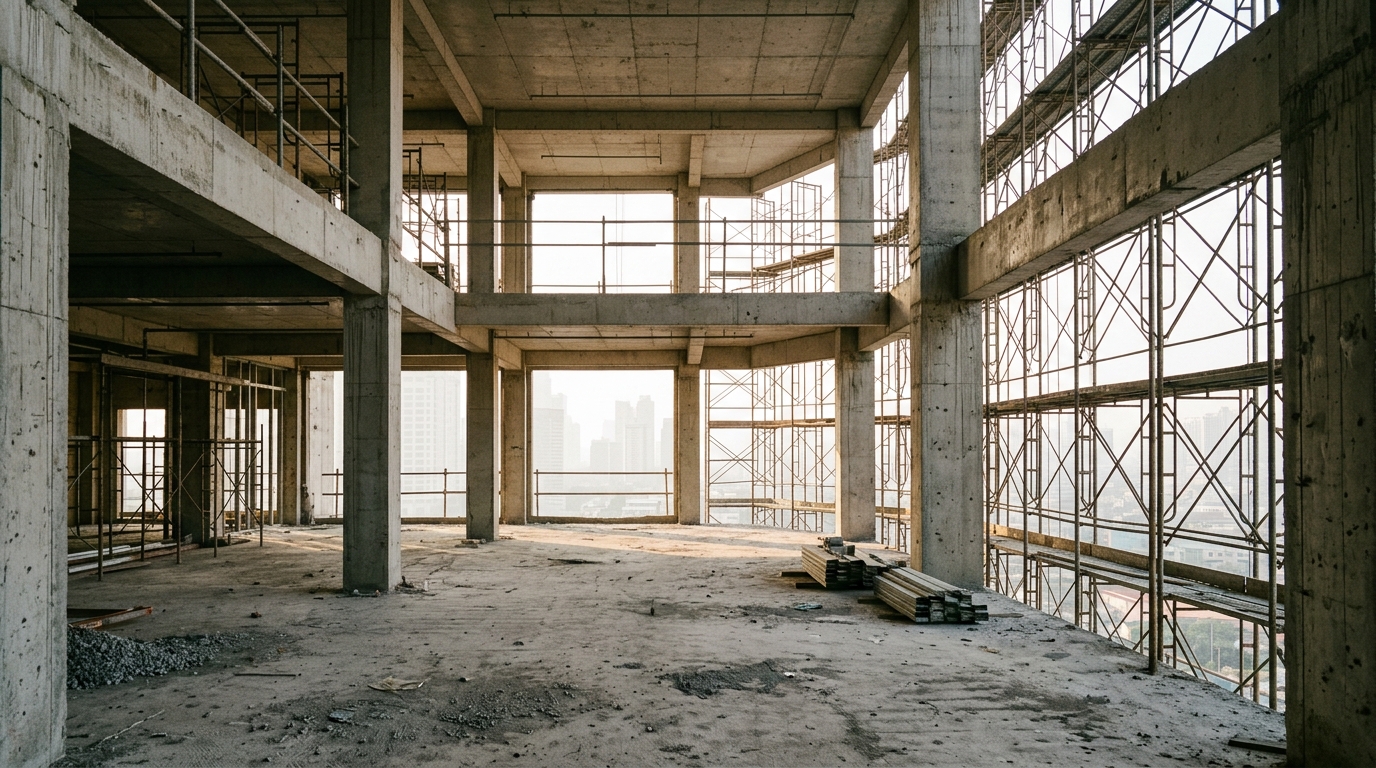 Leeg betonnen bouwskelet met steigers en ochtendlicht door raamopeingen