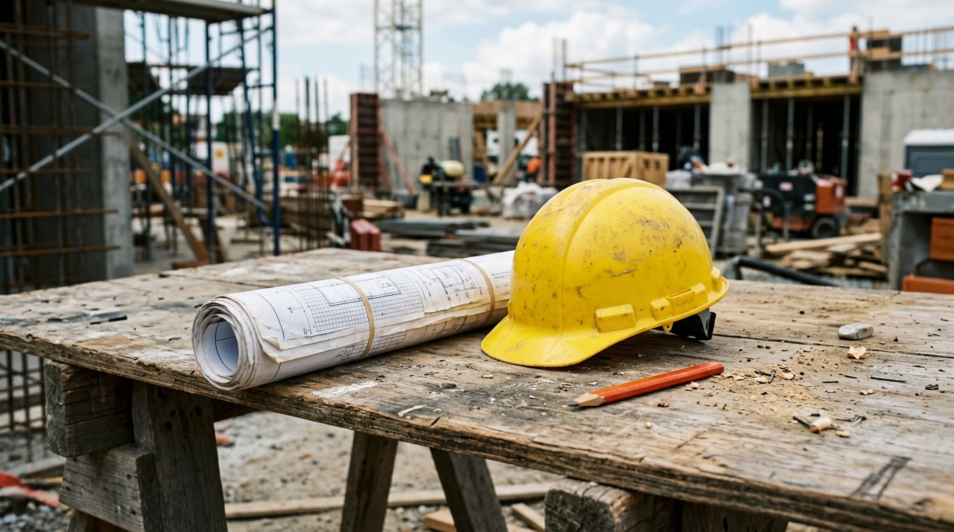 Werftafel met opgerolde bouwtekeningen, helm en potlood in natuurlijk licht