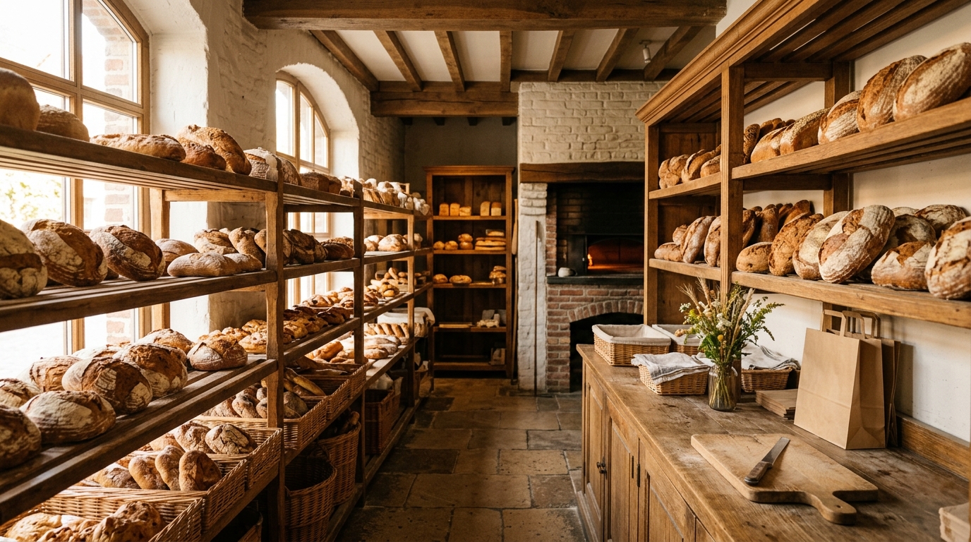 Interieur van een Belgische bakkerij met houten planken vol broden in warm ochtendlicht
