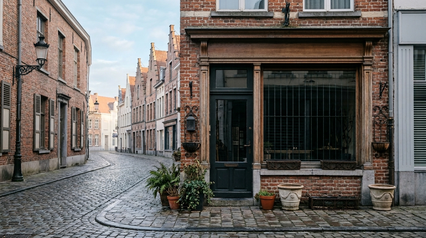 Gesloten bloemistenwinkel op een Belgische winkelstraat in ochtendlicht