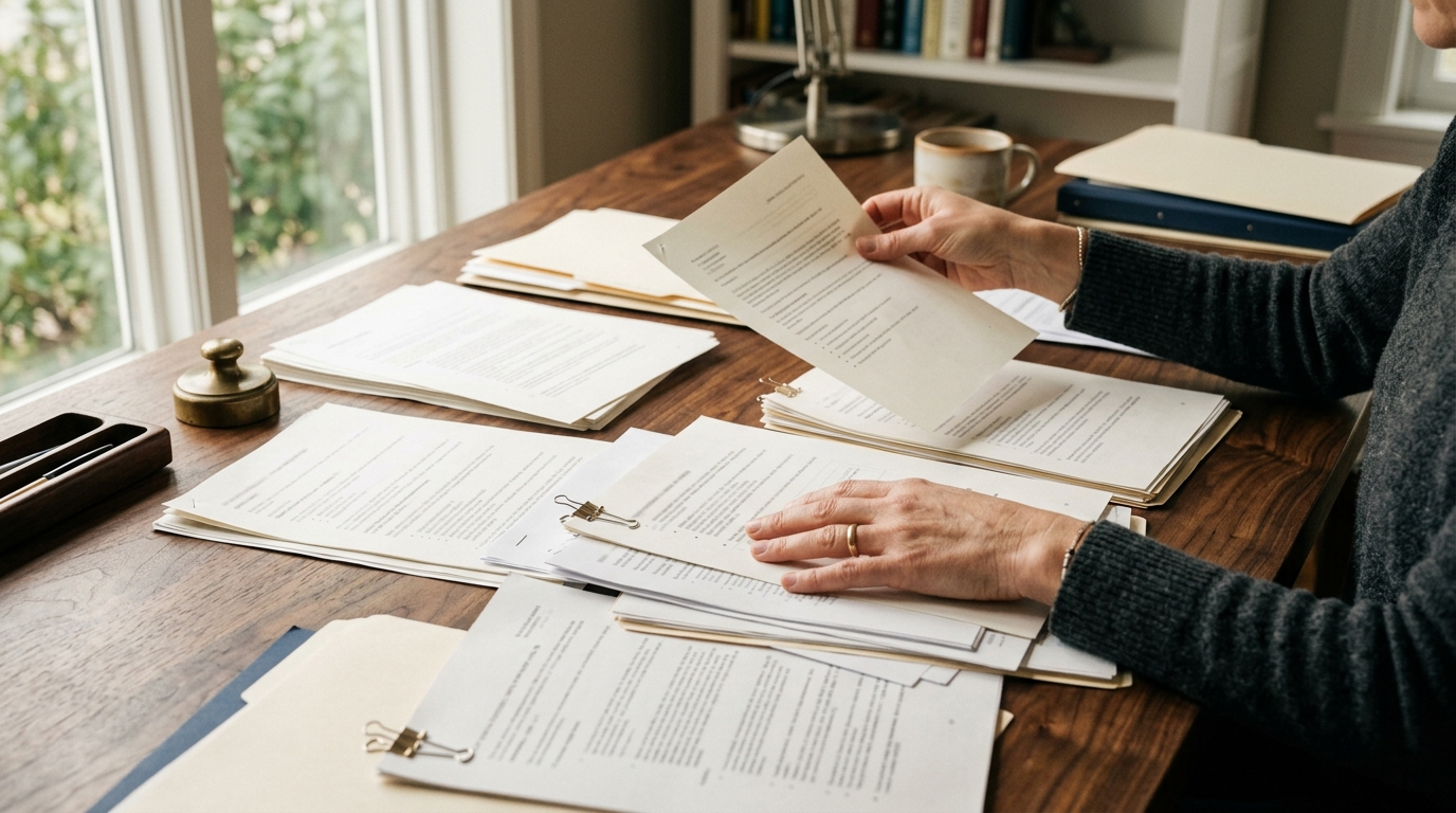 Data Act — handen die papieren documenten sorteren op houten bureau