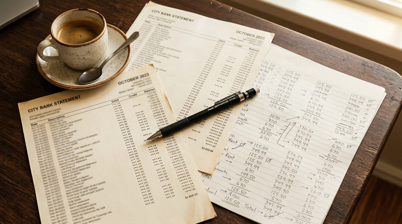 Bankafschriften en berekeningen op een bureau