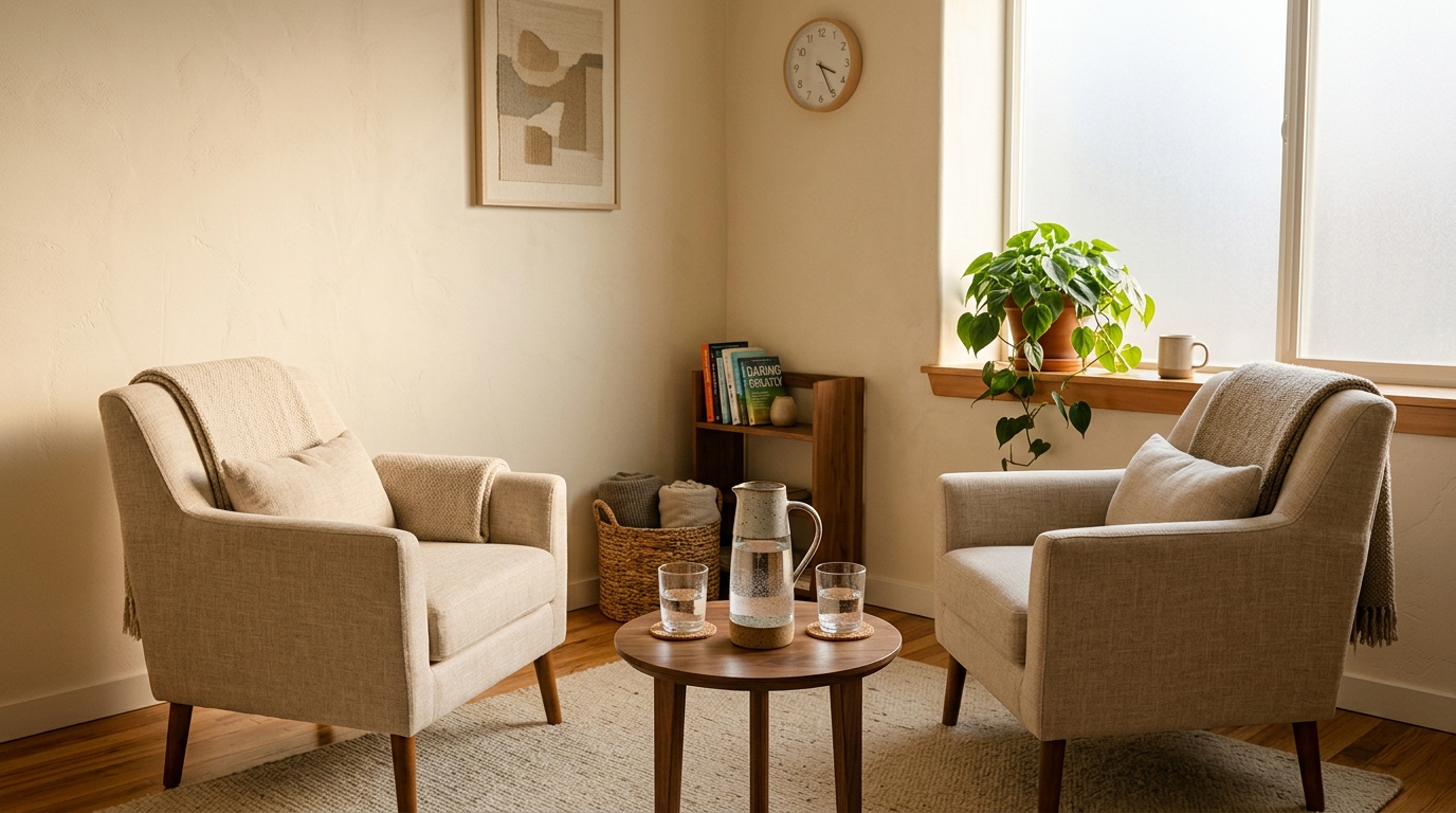 Lege therapiekamer met twee stoelen en warm daglicht