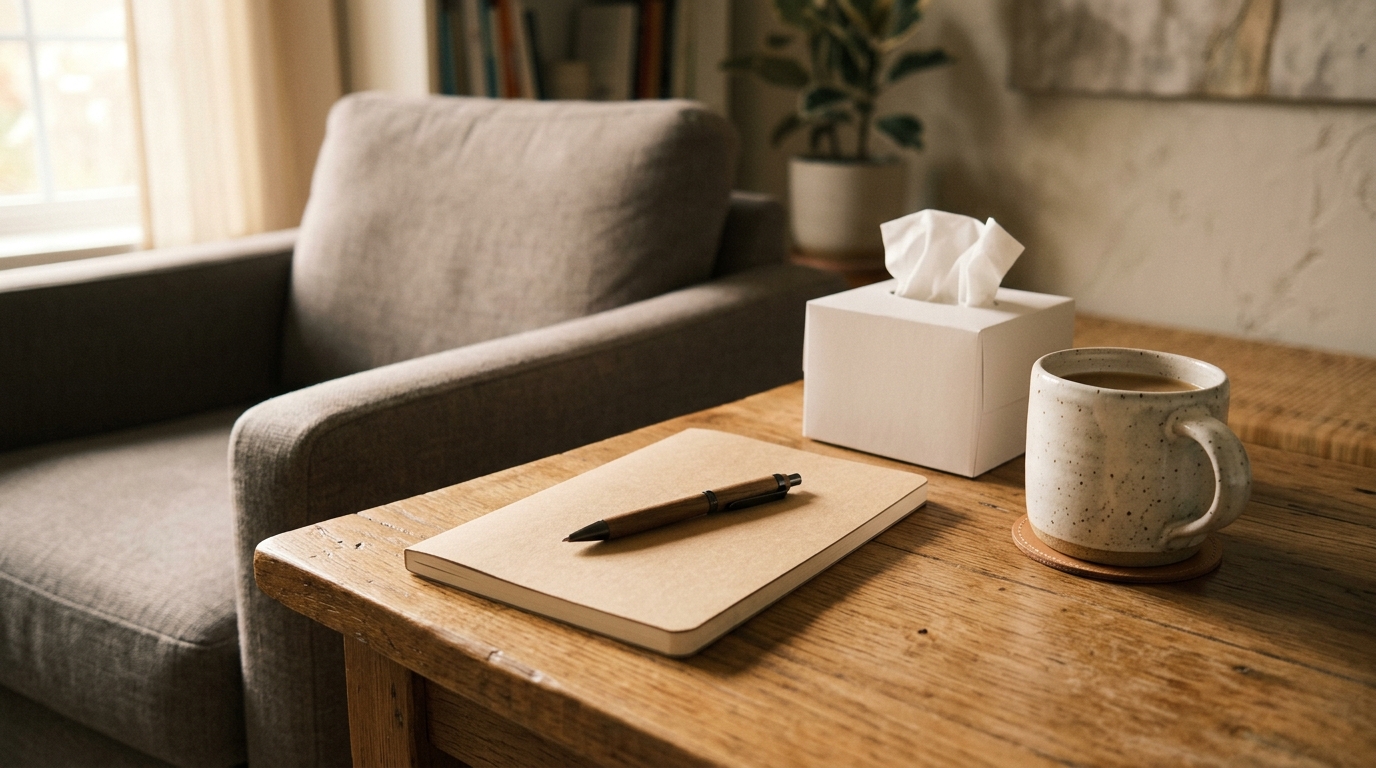 Notitieboekje en pen op een tafel in de therapieruimte