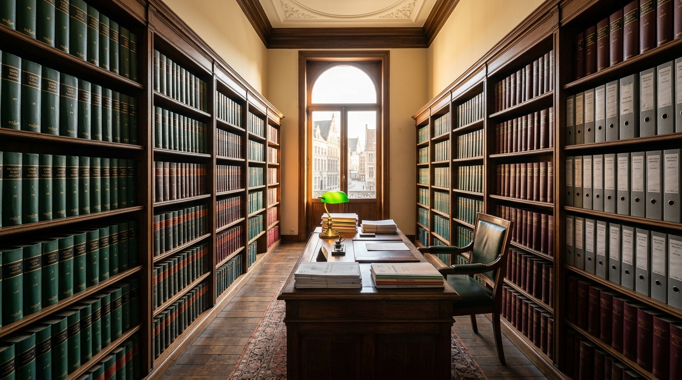 Advocatenkantoor met juridische boekenkasten en bureaulamp