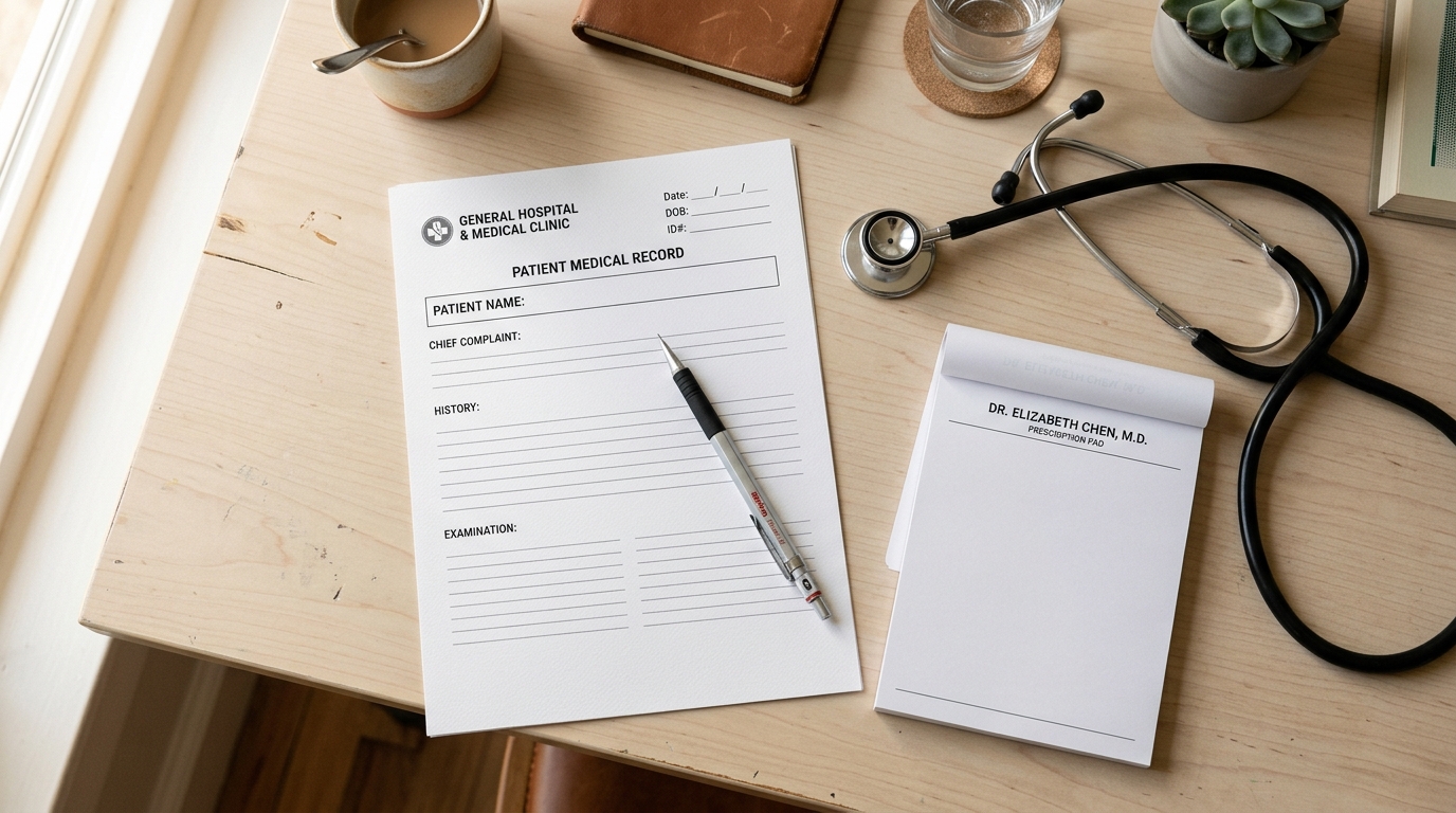 Leeg patiëntendossier en stethoscoop op een bureau