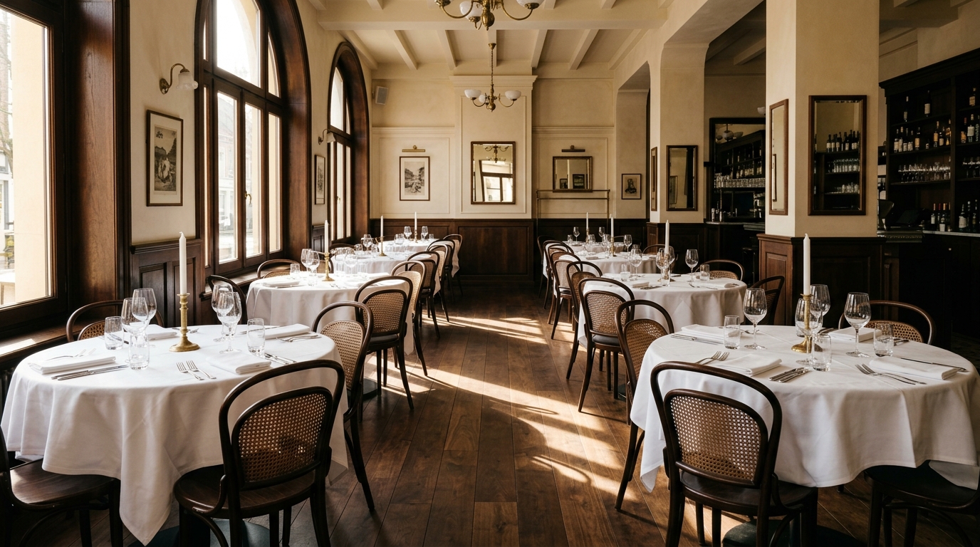 Restaurant voor openingsuur met gedekte tafels en warm licht