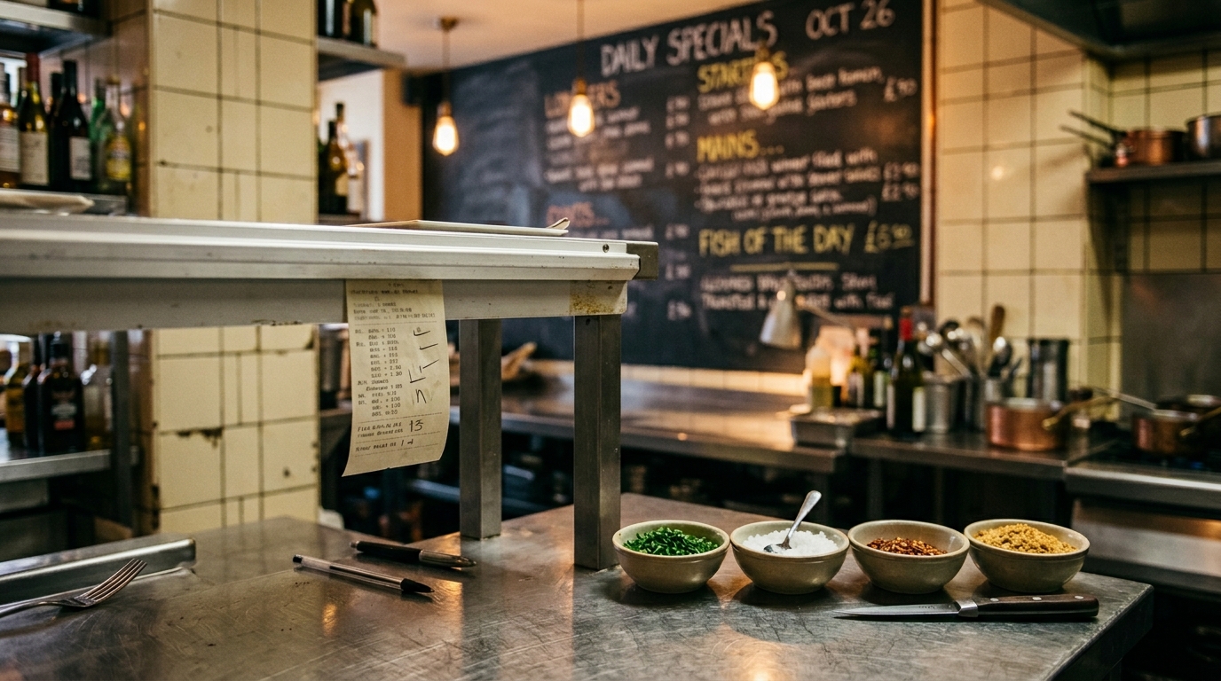 Keukenbon en krijtbord met dagmenu in een restaurantkeuken