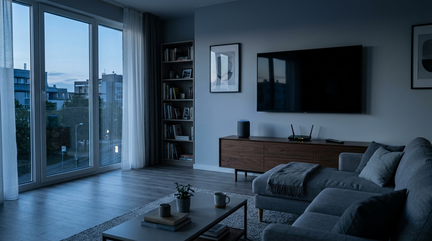 Living room at dusk with smart speaker and router