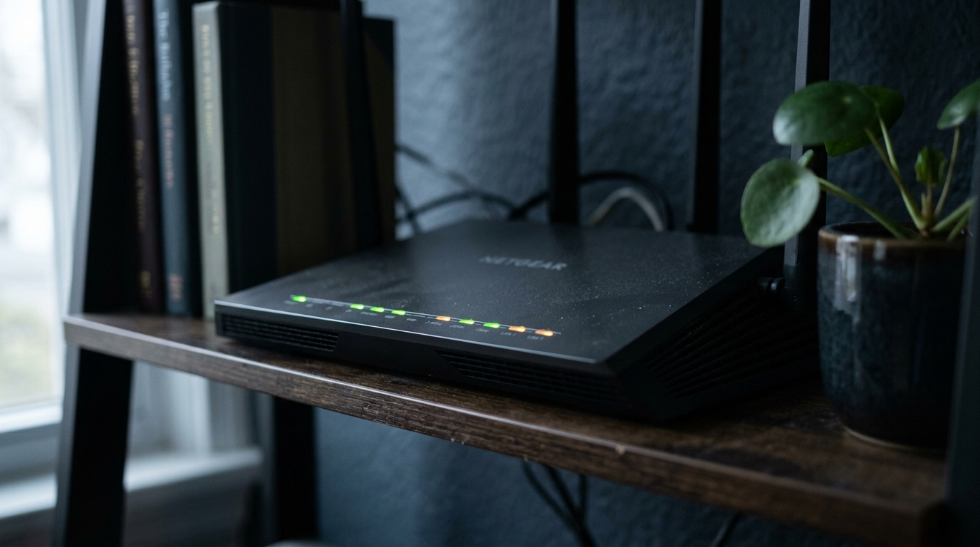 Router with blinking LEDs on a shelf in a home